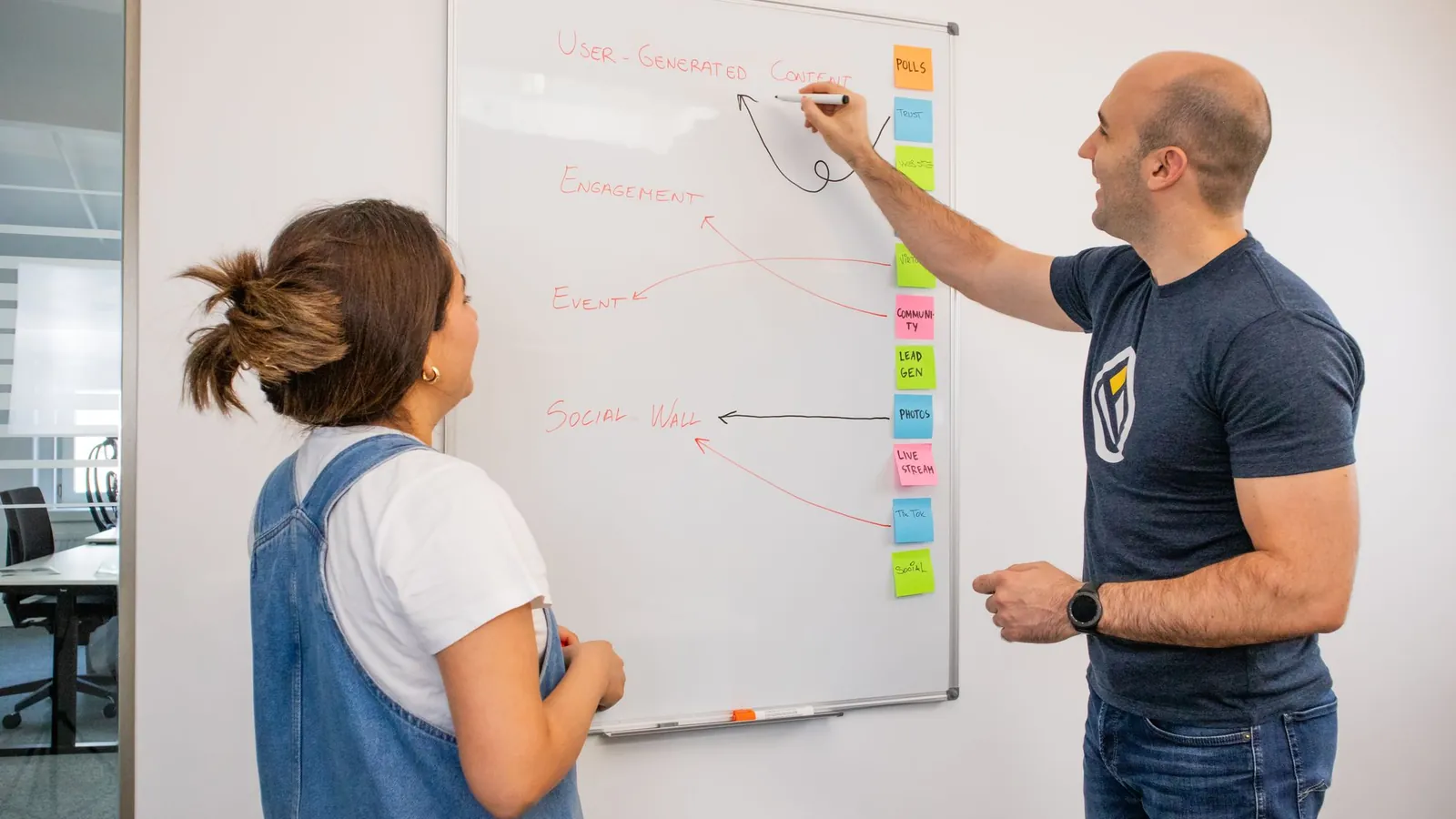 Colleagues mapping out a digital marketing strategy on a whiteboard